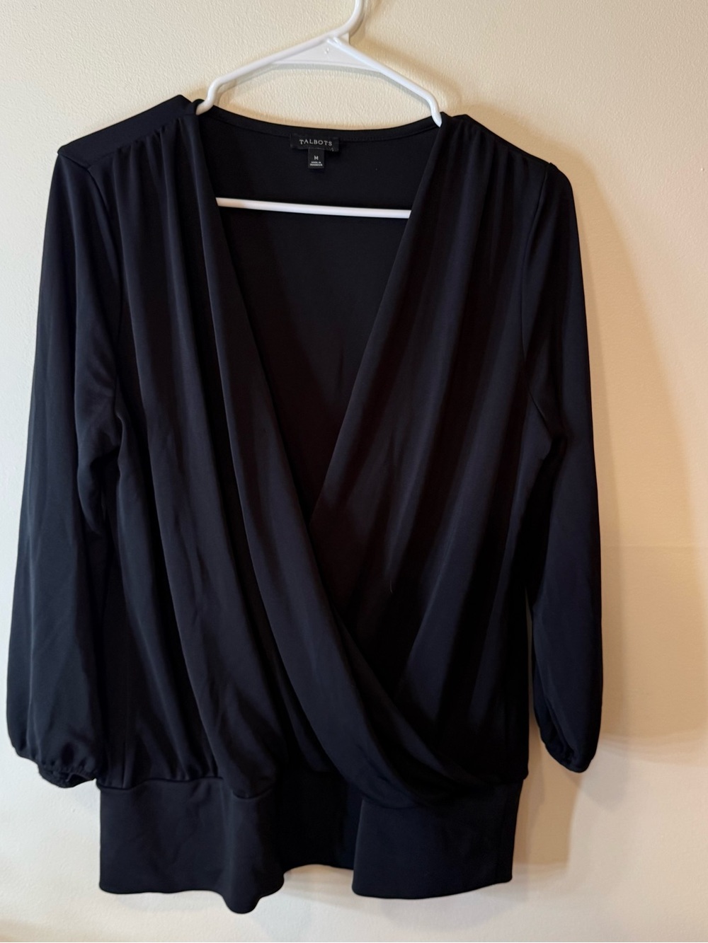 Talbots Black Surplice Draped Long-Sleeve Top